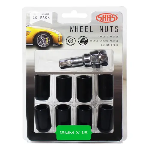 Wheel Nuts S/D Int Hex 12 x 1.50 Inc Key Black 10Pk